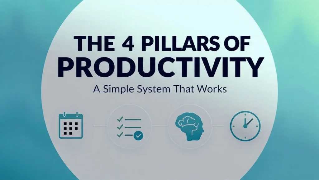 4 pillars of productivity showing a simple system for focus, priorities, environment design, and daily rituals.