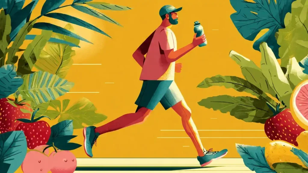 Person jogging outdoors in 2026 with water bottle, fruits, and vegetables nearby, symbolizing healthy-lifestyle-tips for breaking bad habits.